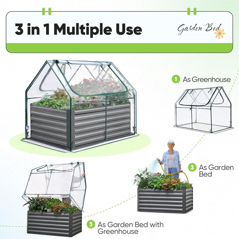Lit de jardin surélevé Galvanisé lits surélevés pour le jardinage de légumes avec couvercle 4 x 3 x 2 pi grande boîte à fleurs en métal pour l'extérieur (transparent)