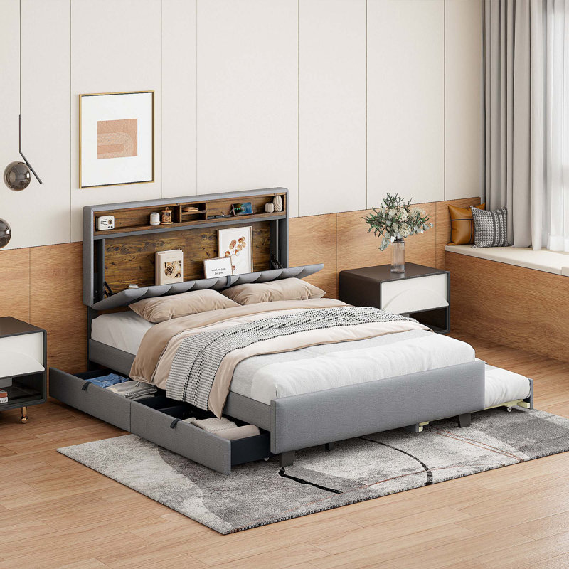 Lit plateforme tapissier avec tête de lit, Gris, Grand