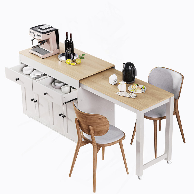 74.5 Inch Extendable Dining Table Kitchen Island With Wheels, Spice Rack, 2 Drawers, And 4 Door Cabinet For Versatile Storage And Functionality