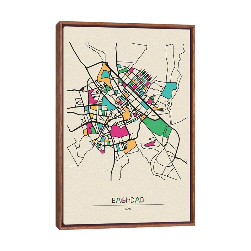 Baghdad, Iraq Map by Ayse Deniz Akerman - Print on Canvas, Brown Floater Frame, 66.04 cm H x 45.72 cm W