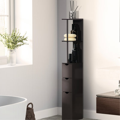 Armoire de salle de bain de 54 po de hauteur, tour à linge autoportante avec 2 tablettes et tiroirs, rangement pour plancher étroit, brun