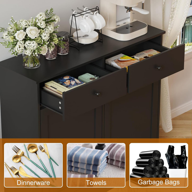 Wooden Tilt Out Trash Can Cabinet, 20 Gallon Hidden Garbage Can Cabinet with Deodorizing Function, Double Laundry Cabinet with 2 Drawers for Kitchen
