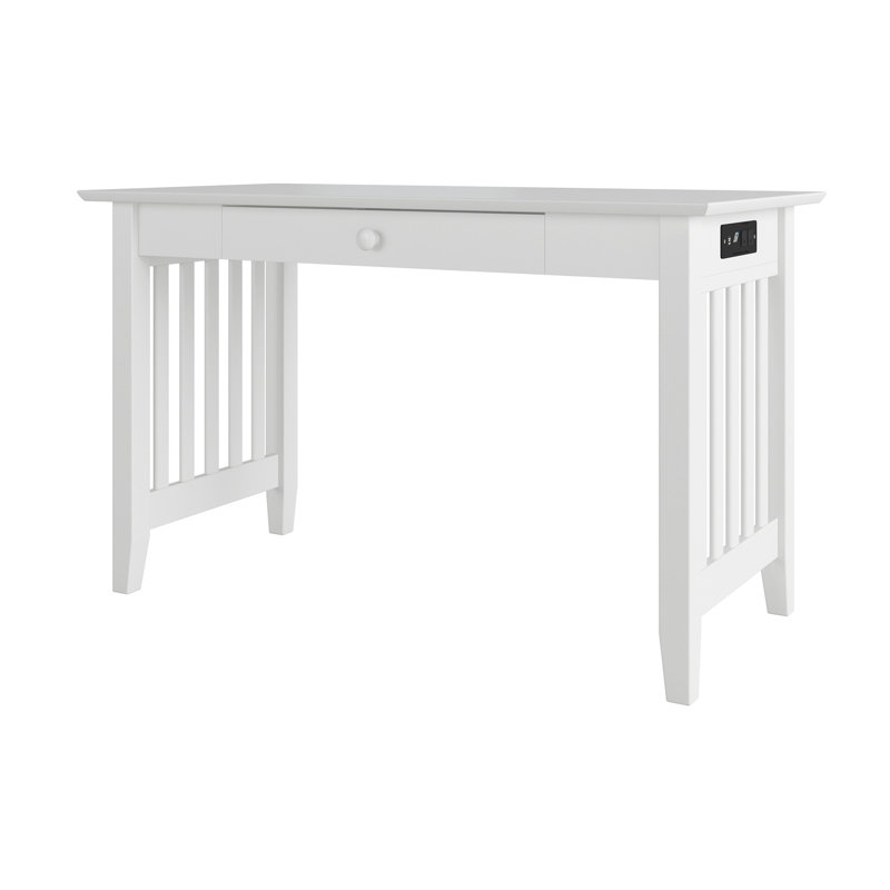 Tollett Solid Wood Work Desk with Storage Drawer & Built-in Charging Station, White
