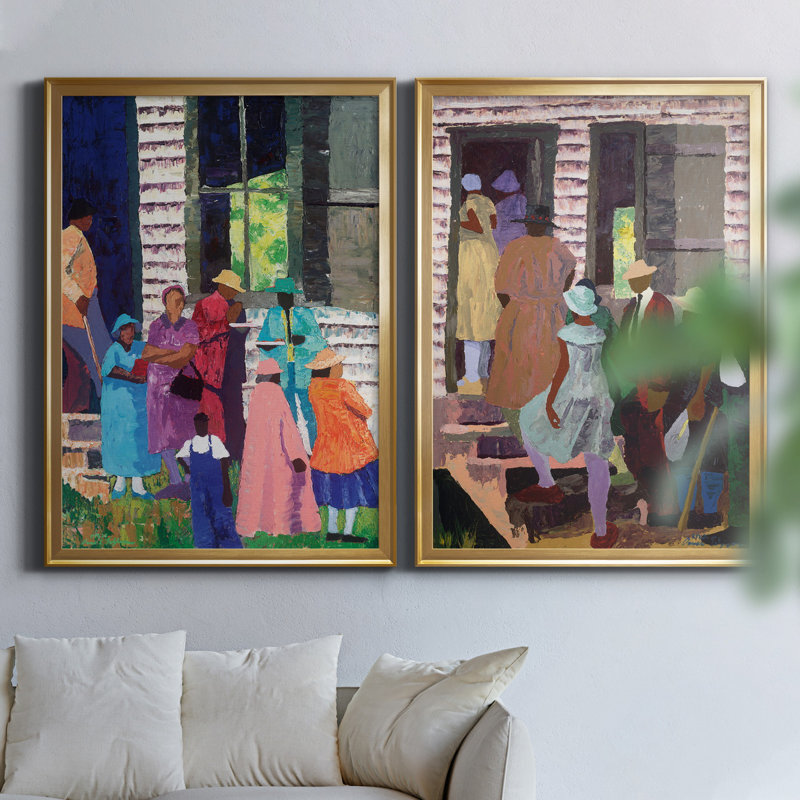 «Going to Church», ensemble de 2 reproductions d'art, H 18,5 po x l 49 po x P 1,5 po, Toile encadrée dorée, Pas de tapis