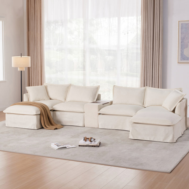 Canapé modulaire en U avec repose-pieds mobile, Chenille beige
