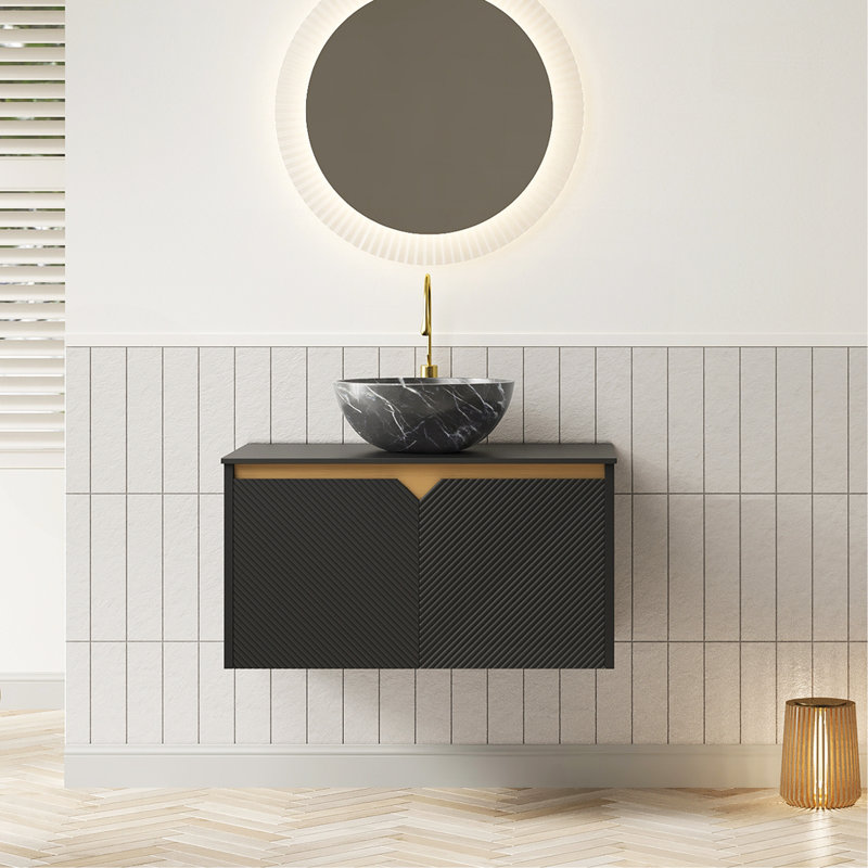 Meuble-lavabo 30 po, meuble de rangement mural en contreplaqué flottant, portes doubles en sergé avec garniture en métal, vasque en céramique noire avec motif en pierre et plateau en pierre frittée noire, noir