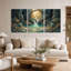 Ensemble de 3 toiles murales représentant une cascade turquoise sous une arche dorée ornée de plantes succulentes-580233955