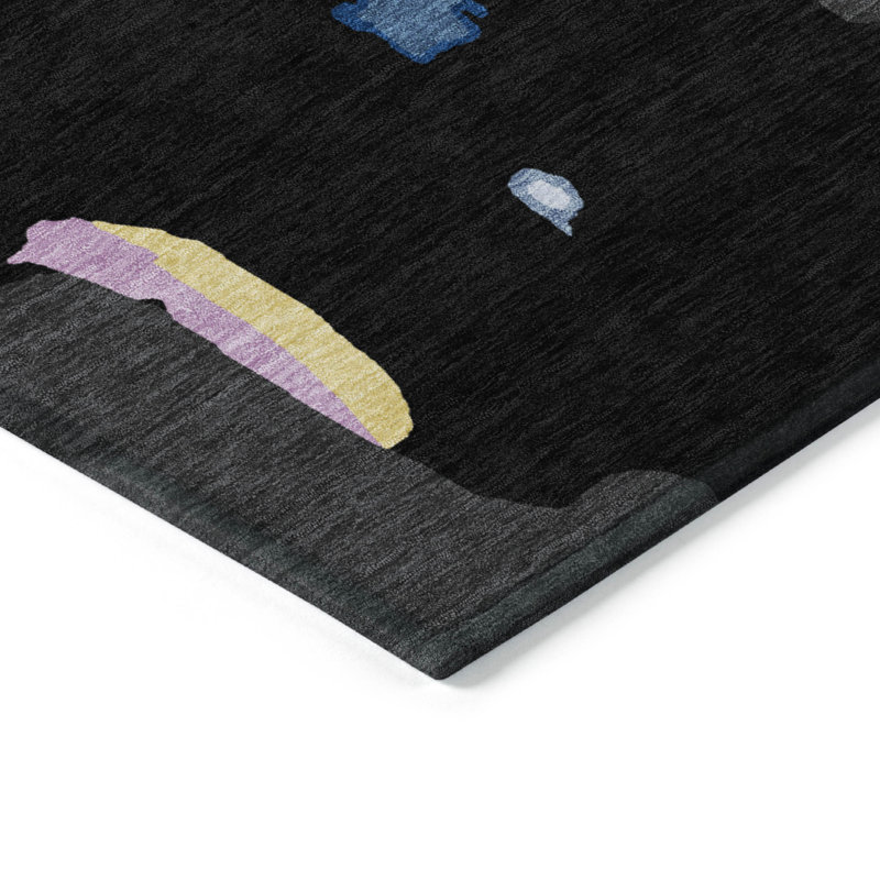 Black Abstract Washable Synthetic Rectangular Rug 20" x 30"