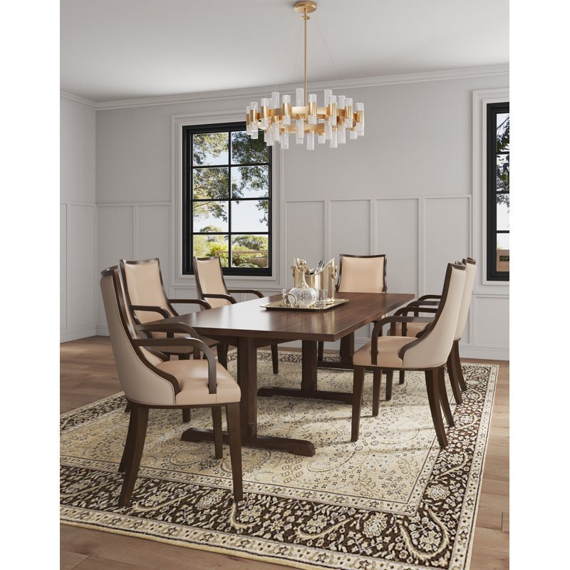 Grand Traditional Vegan Leather and Velvet Upholstered Beech Wood Dining Arm Chair in Tan, Beige