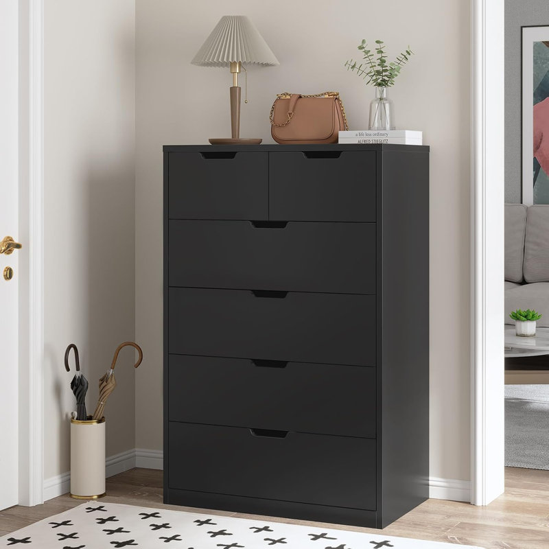 Commode 6 tiroirs pour chambre à coucher, Noir, noir, noir, noir