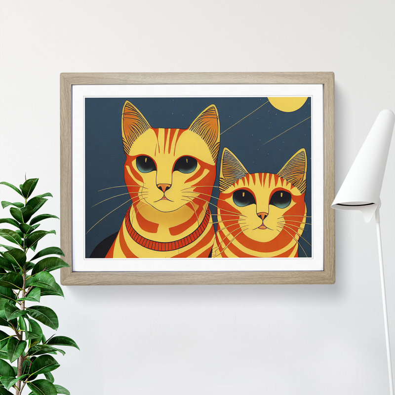 XH1022-9268X Two Art Deco Cats Vol.2 - Single Picture Frame Print, 46cm H x 64cm W x 2cm D, Oak