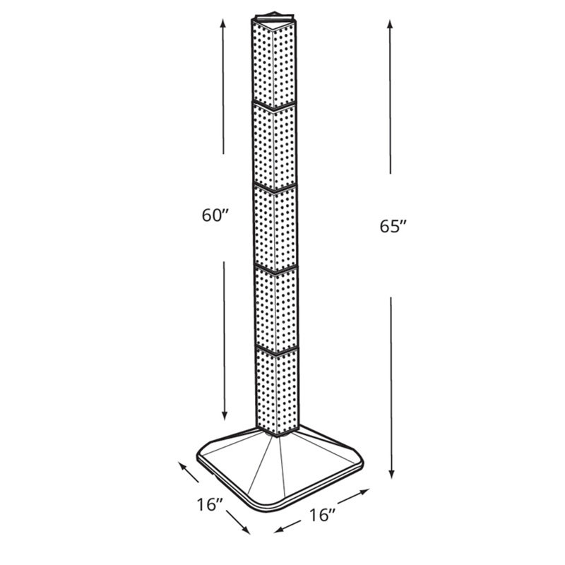 Four-Sided Pegboard Tower Floor Display on Revolving Base. Spinner Rack Tower. Panel Size: 4"W x 60"H