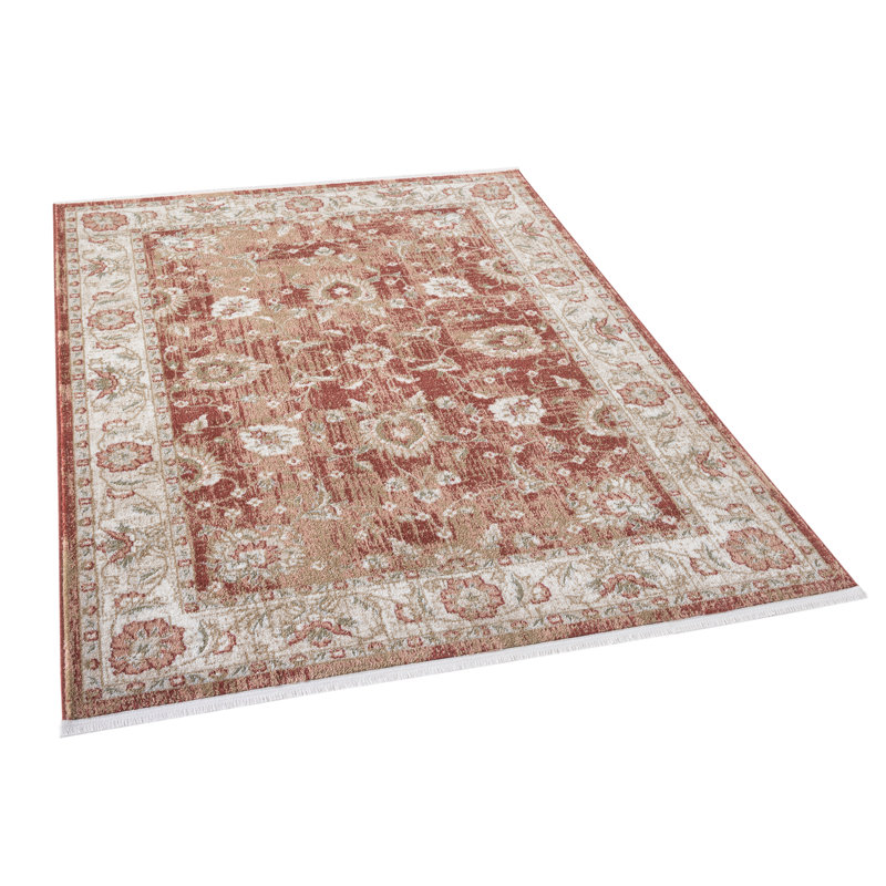 Tapis cramoisi rétro avec frange Elysium, Rectangle 5 pi 3 po x 7 pi 3 po