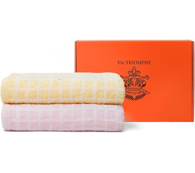 Set of 2 Zero-Twist Yarn Bath Towels with Checkered Embroidery