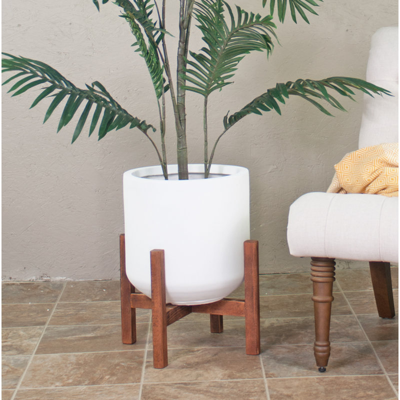 Pot Planter, White/Walnut, 18.5" H x 16.4" W x 16.4" D