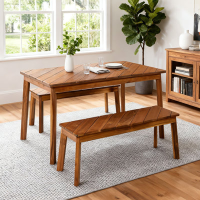 3 Pieces Acacia Wood Table Bench Dining Set Furniture With 2 Benches For Outdoor And Indoor,Picnic,Garden,Terrace