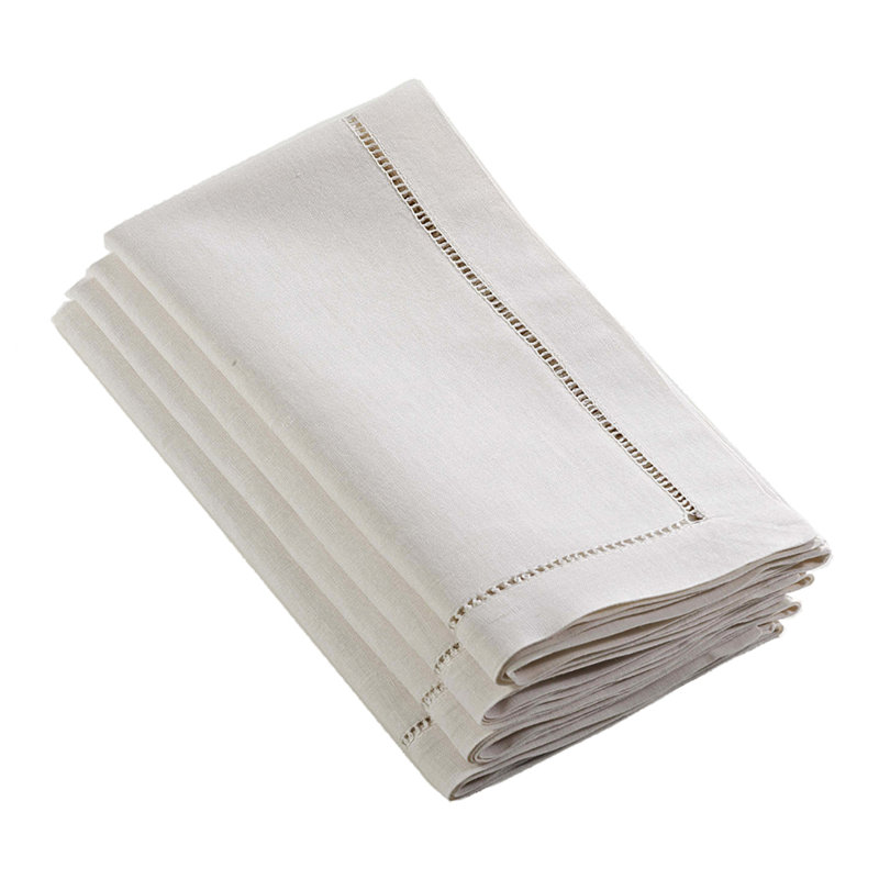 Classic Hemstitch Design Linen Cotton Cocktail Cloth Napkins , Set Of 4, Ecru, 22" W x 22" L