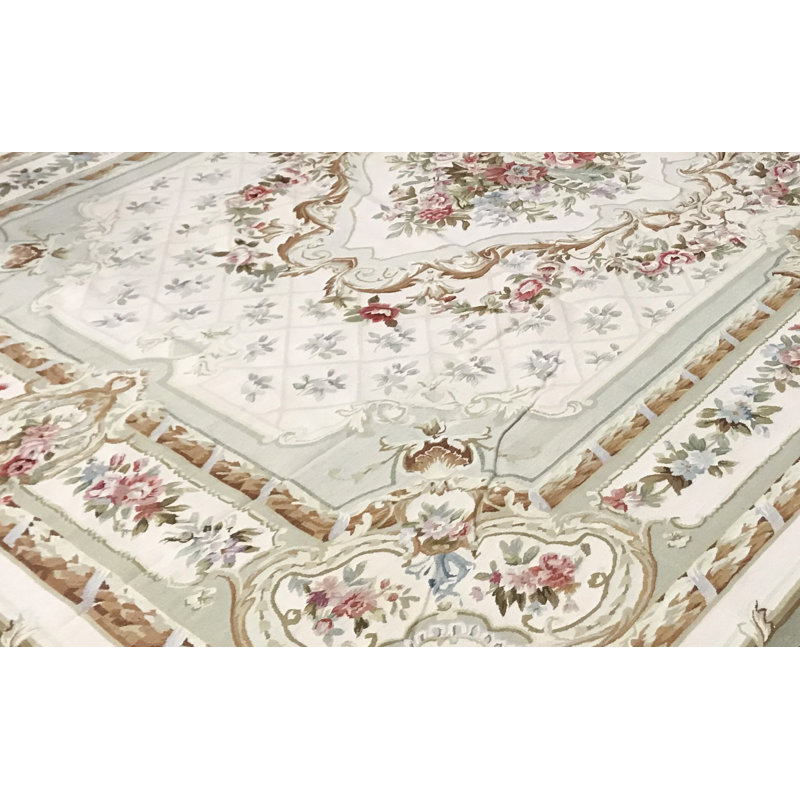 Tapis vert et ivoire noué à la main de haute qualité