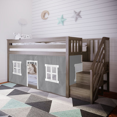 Glyndon Kids Twin Loft Bed with Stairs and Play Curtain