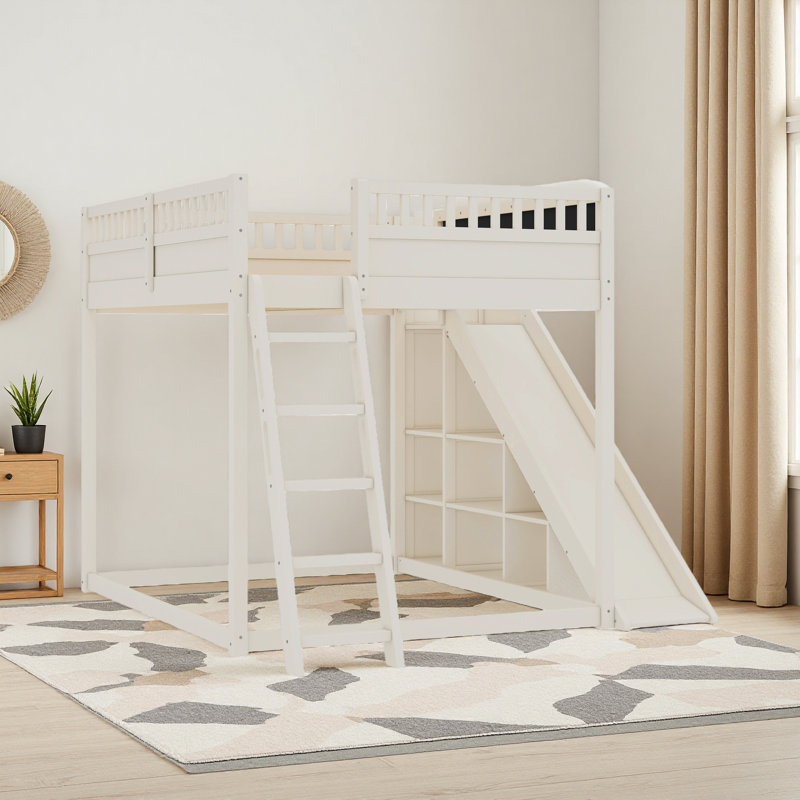 Lit mezzanine avec tête de lit tapissier et tablettes de rangement, complet avec échelle et glissade, Grand, Beige