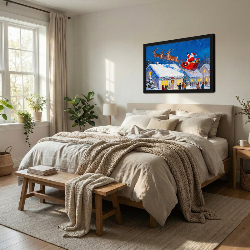 Père Noël de Noël survolant des maisons de village enneigées, H 16 po x l 24 po