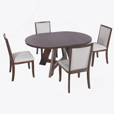 5-Piece Extendable Round Dining Table Set, Kitchen Table With Removable Leaf And 4 Upholstered Dining Chairs
