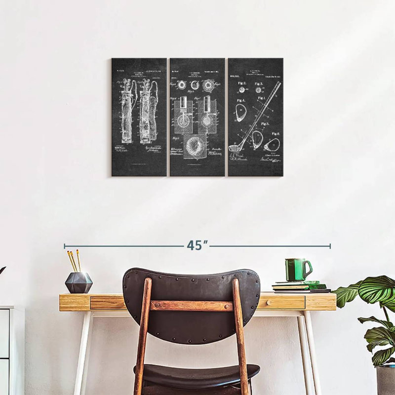 Ensemble de 3 pièces de brevet de golf sur toile, H 20 po x l 33 po x P 1,25 po