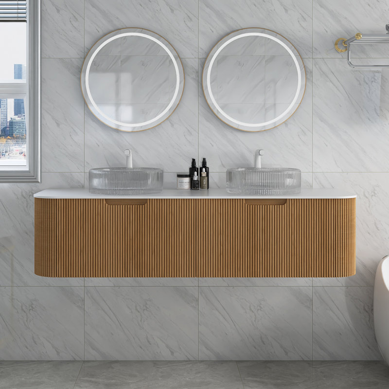 Meuble-lavabo de 60 po avec lavabos, armoire de rangement murale rayée à bords arrondis avec 2 tiroirs, 2 lavabos ronds transparents et comptoir