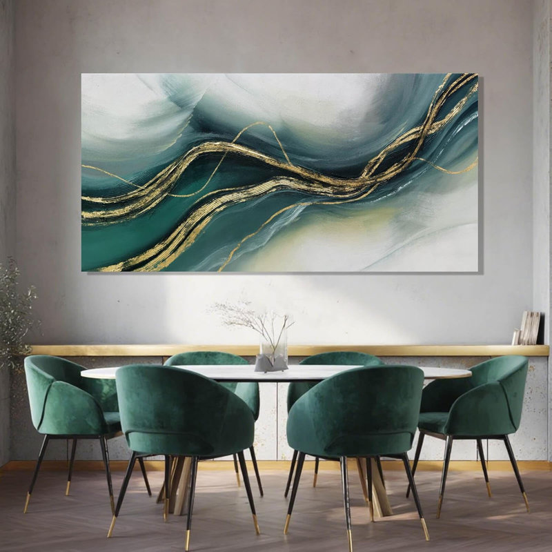 Gold Home Decor, Canvas Wall Art, Green Large Abstract Art For Living Room, Office, Bedroom & Dining Room, 24" X 48"