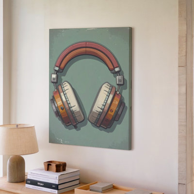 Rétro vibes, casque, art audio rétro sur fond vert doux, certains sons, art mural sur toile, prêt à accrocher