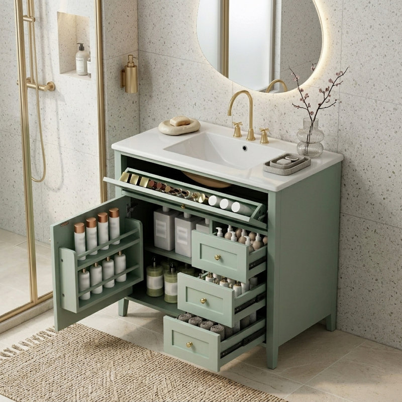 Meuble-lavabo autoportant avec lavabo, 3 tiroirs et tablette réglable, Light Green, H 33,9 po x l 36 po x P 18,3 po