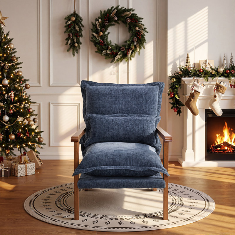 Chenille Accent Chair Armchair With Pillow, Walnut, Blue
