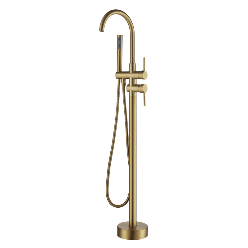2 Handle Floor Freestanding Tub Filler with Diverter, Brushed Brass