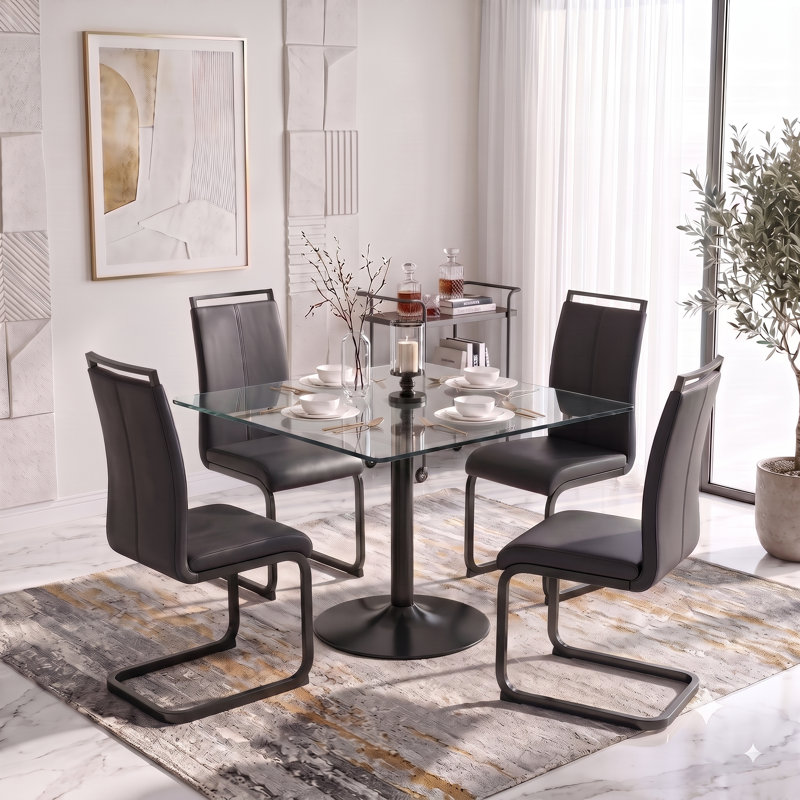 Ensemble de table de salle à manger 5 pièces pour 4 personnes, ensemble de salle à manger carré en verre avec chaises en similicuir
