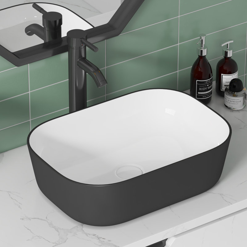  Salerno 18" L x 13'' W Vitreous China Rectangular Vessel Bathroom Sink, White/Matte Black