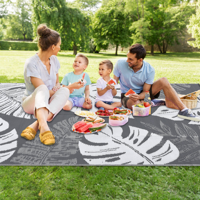 Outdoor Rug Large Plastic Straw Rug, Waterproof Woven Patio Rug, UV-Resistant Reversible Mat, Tropical Leaf Outside Carpet for Backyard, RV