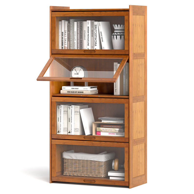 Bibliothèque à 4 niveaux en bambou avec portes et bibliothèque autoportante en acrylique transparent, Brun
