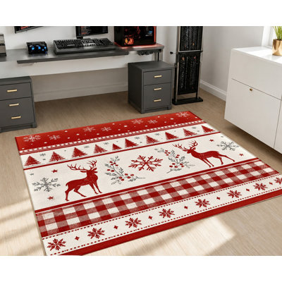 Tapis de Noël à carreaux Buffalo, motif cerf et flocons de neige, lavable à la machine, avec envers antidérapant, motif rouge et blanc, décoration intérieure chaleureuse pour le salon, la chambre, l'entrée, la cuisine, touche festive
