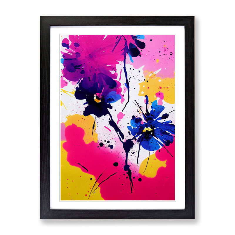 Paint Splat Flower No.3 Abstract - Single Picture Frame Print, 64cm H x 46cm W x 2cm D, Black Framed