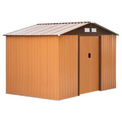 Retraite de jardin jaune 9 'x 6' avec fondation, 4 évents et 2 portes coulissantes, pour la cour arrière, le garage, les outils pour la pelouse et la piscine, bonne ventilation, structure en acier galvanisé, inclinée