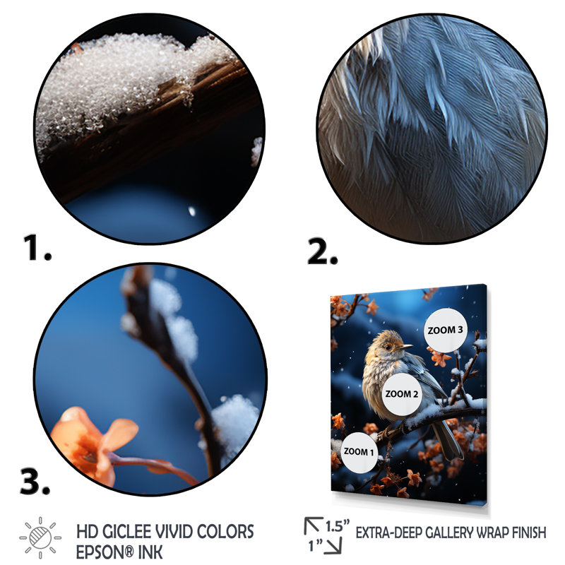 «Winter Bird Serenity I», art mural oiseau, Cadre simple noir, H 32 po x l 24 po x P 1 po