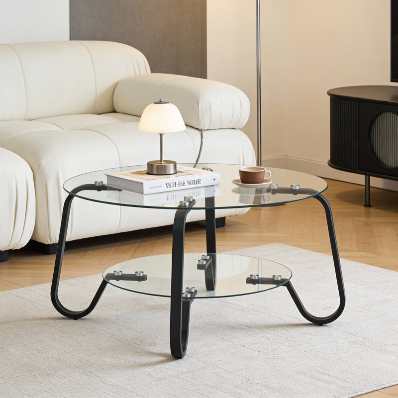 Retro Minimalist Style Metal Frame Double-layer Tempered Glass Coffee Table, , Adding A Touch Of Elegance To Your Living Room