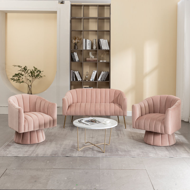 Ensemble de salon 3 pièces Tuyen, Velours rose