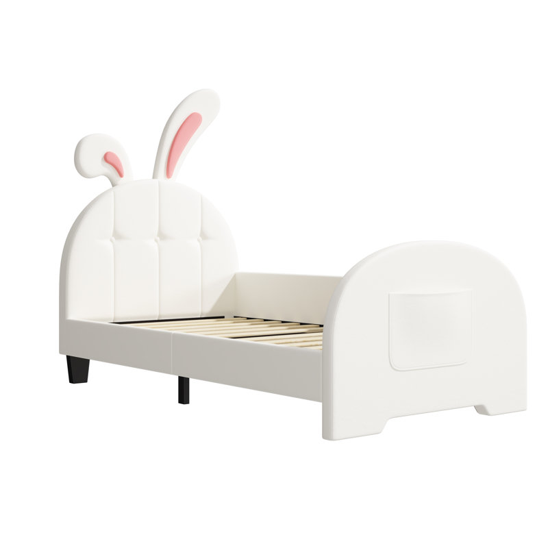 Upholstered Bed With Rabbit Shaped Headboard, Beige
