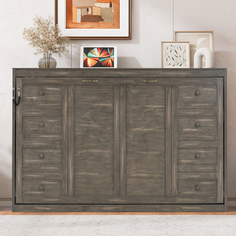 Twin Size Murphy Bed with LED Light and Desk, Foldable Wall Bed Cabinet for Small Spaces, Brown