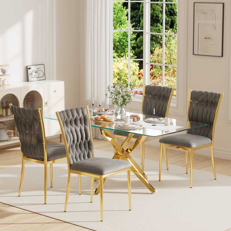 63" Rectangular Tempered Glass Table set, 5, Gray/Gold