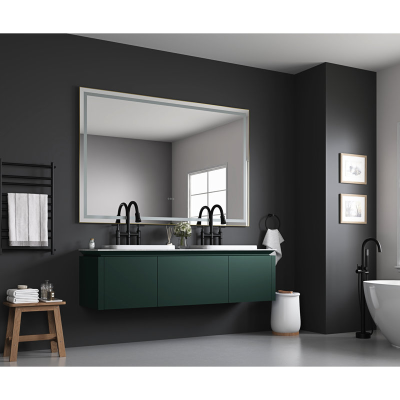 Miroir de salle de bain 72 "x 48" avec fonction de brouillard. 3 températures de couleur, gradation continue. Miroir de salle de bain mural, miroir brossé doré 72 48 pouces. Brouillard, intensité variable. Cadre en aluminium et remarquable
