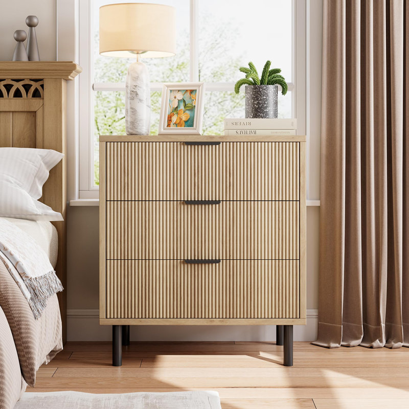 Commode cannelée avec 3 tiroirs, organisateur de garde-robe de 29,9 po de hauteur avec dispositif anti-basculement, Brun