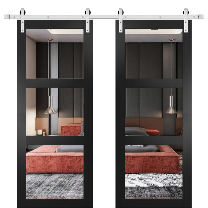 Porte de grange double robuste avec | Lucia 2555 noir mat avec verre transparent | Ensemble lourd de cintres en acier inoxydable 13 pi | Portes intérieures à panneau plein - 84 po x 80 po (2 * 42 x 80) - verre transparent - rail argenté