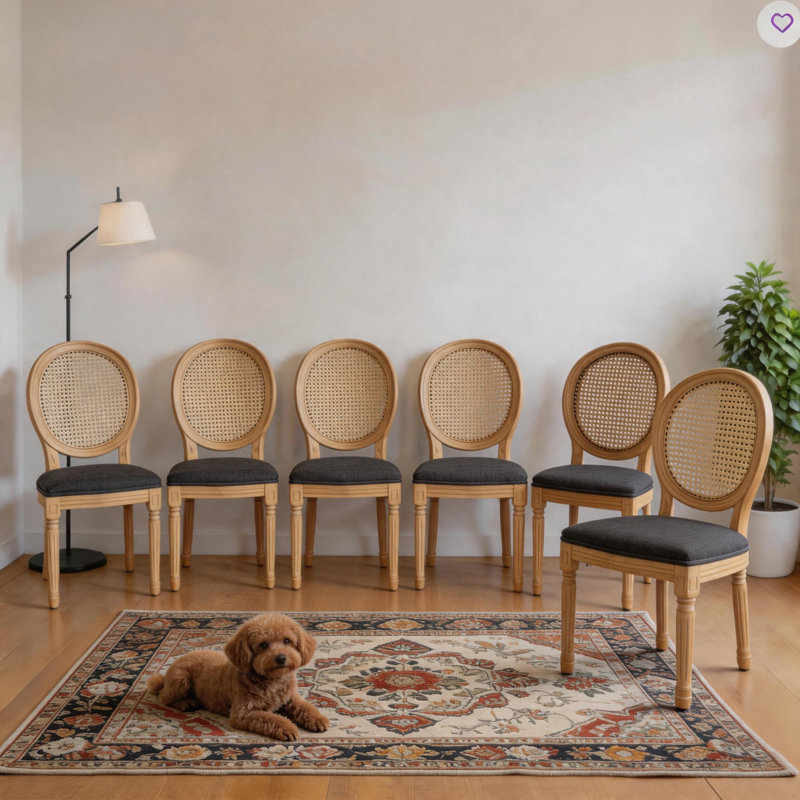 French Style Vintage Rattan Back Dining Chairs Side Chairs (Set of 6), Gray